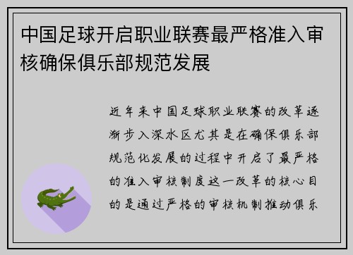 中国足球开启职业联赛最严格准入审核确保俱乐部规范发展